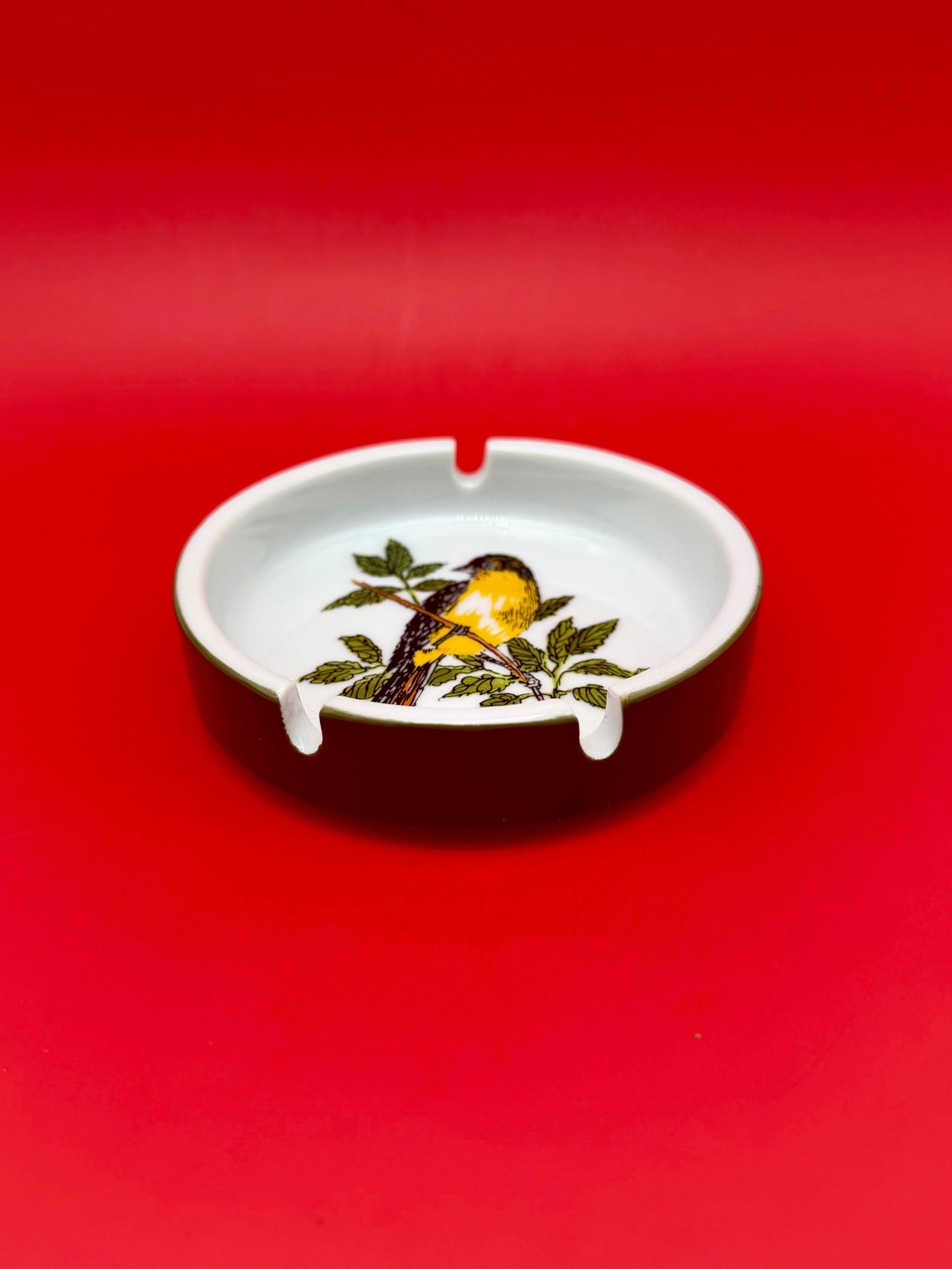 Low-angle view of the ashtray with the yellow and black bird perched on a leafy branch, red background.