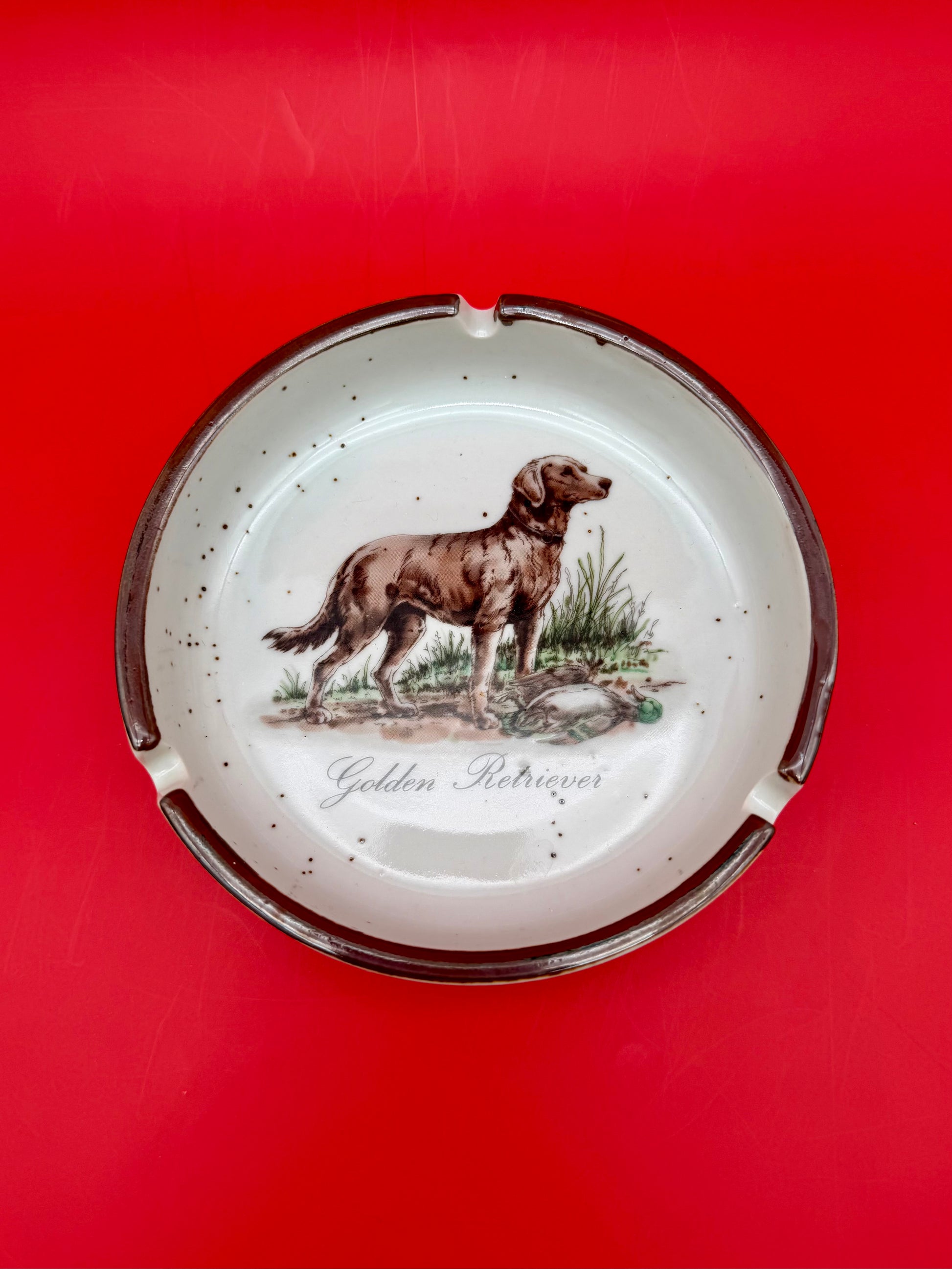 Same oval ashtray showing the golden retriever illustration with 'Golden Retriever' text beneath it, pink-red background.