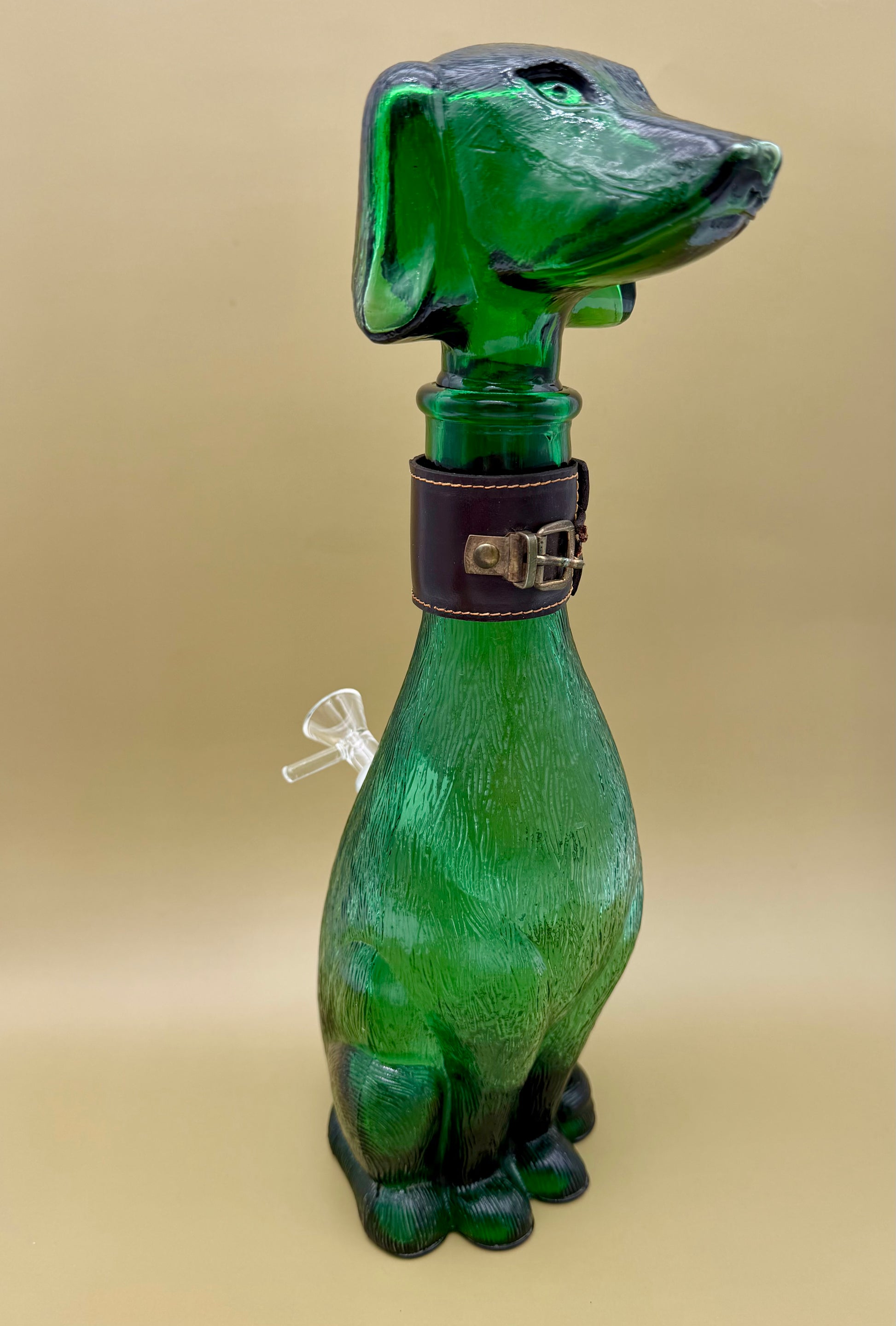 Green glass decanter water pipe shaped like a dog's head and neck wearing a collar, tan background.