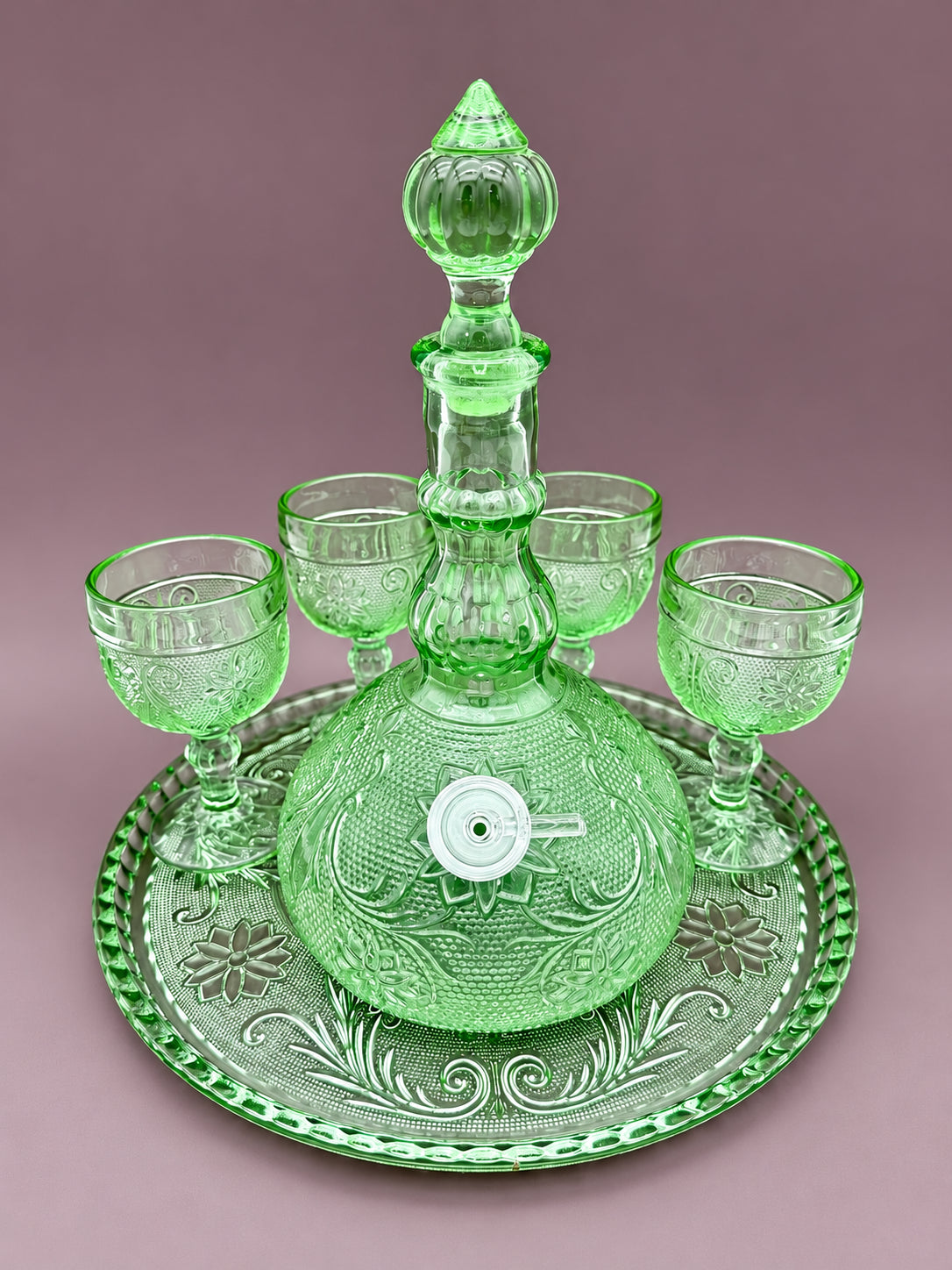 Sage Set vintage green pressed glass decanter pipe with four goblets and tray
