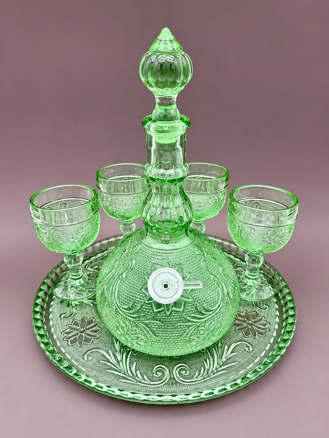 Sage Set vintage green pressed glass decanter pipe with four goblets and tray