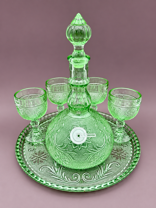 Sage Set vintage green pressed glass decanter pipe with four goblets and tray