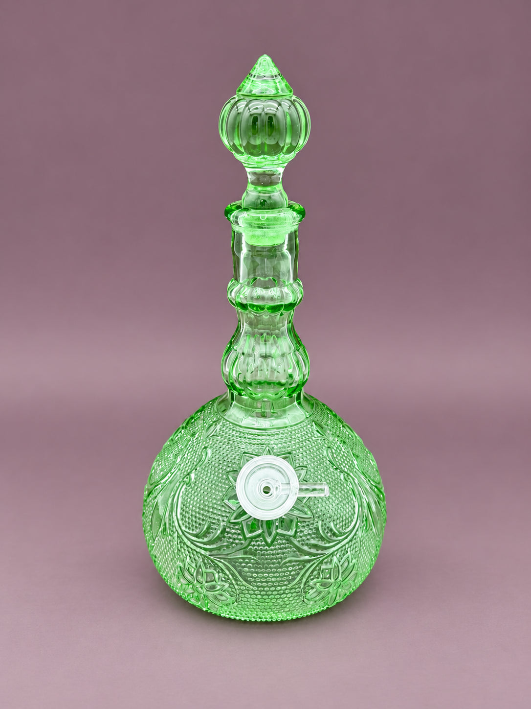 Sage Set green pressed glass decanter pipe with stopper removed