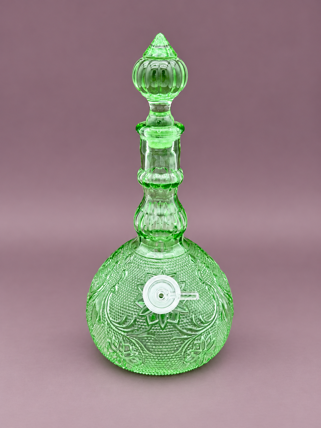 Sage Set green pressed glass decanter pipe with stopper removed