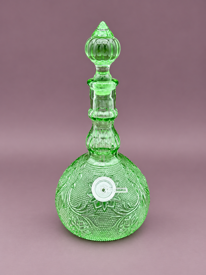 Sage Set green pressed glass decanter pipe with stopper removed