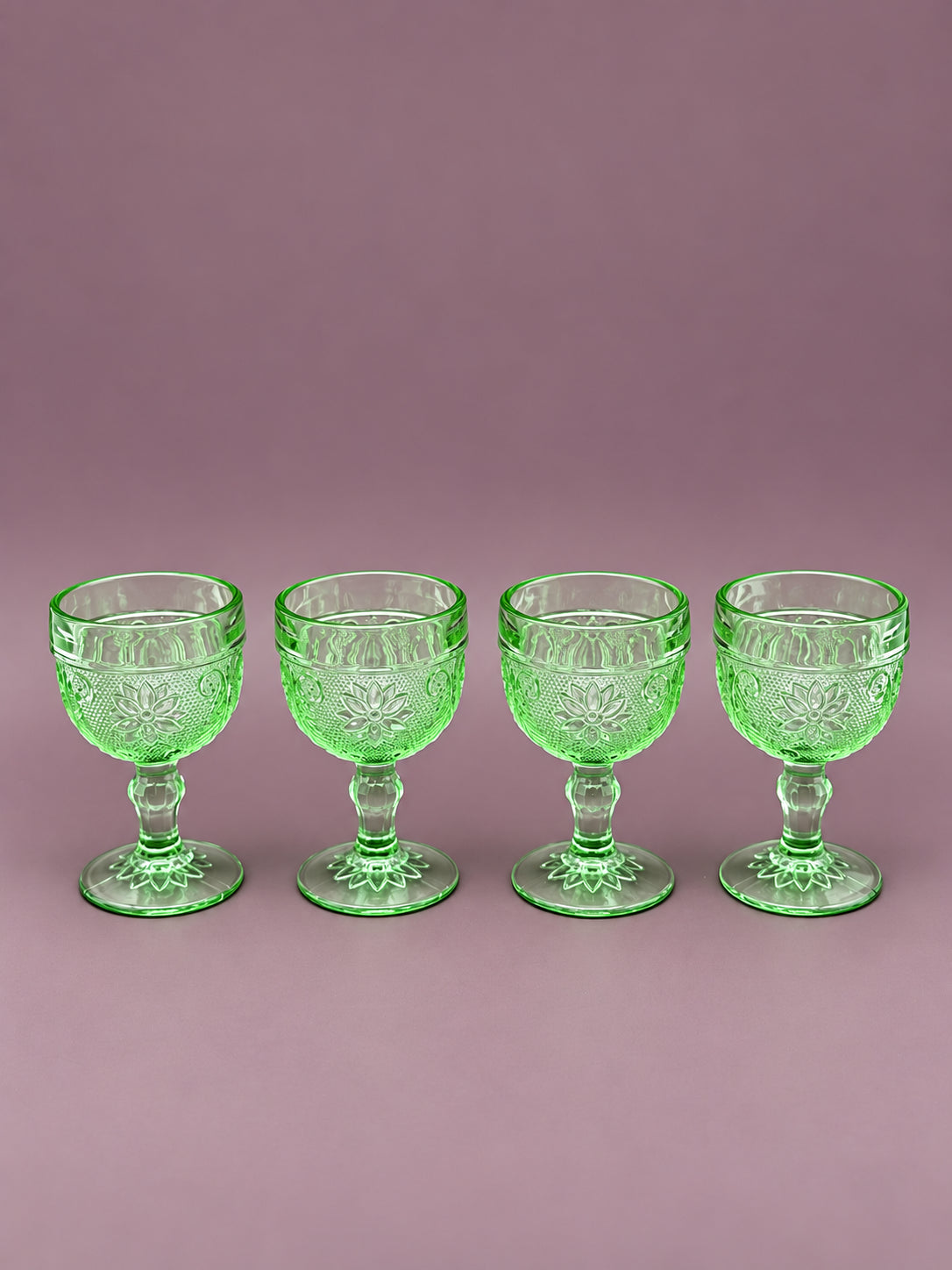 Sage Set four matching green pressed glass goblets