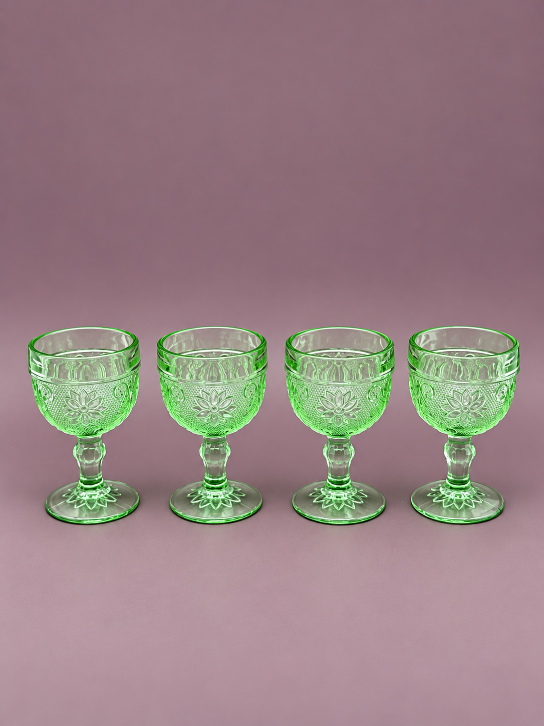 Sage Set four matching green pressed glass goblets