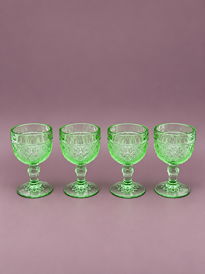 Sage Set four matching green pressed glass goblets