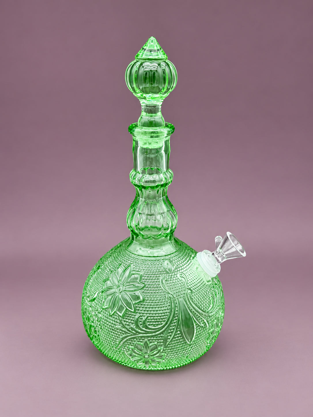 Sage Set green pressed glass decanter pipe front view