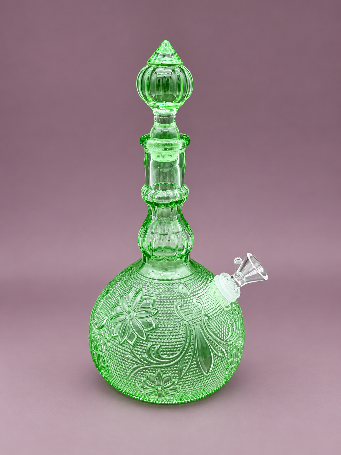 Sage Set green pressed glass decanter pipe front view