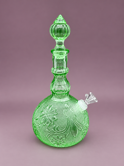 Sage Set green pressed glass decanter pipe front view