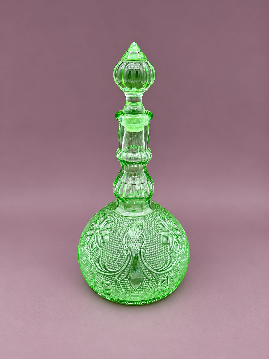 Sage Set green pressed glass decanter pipe reverse view