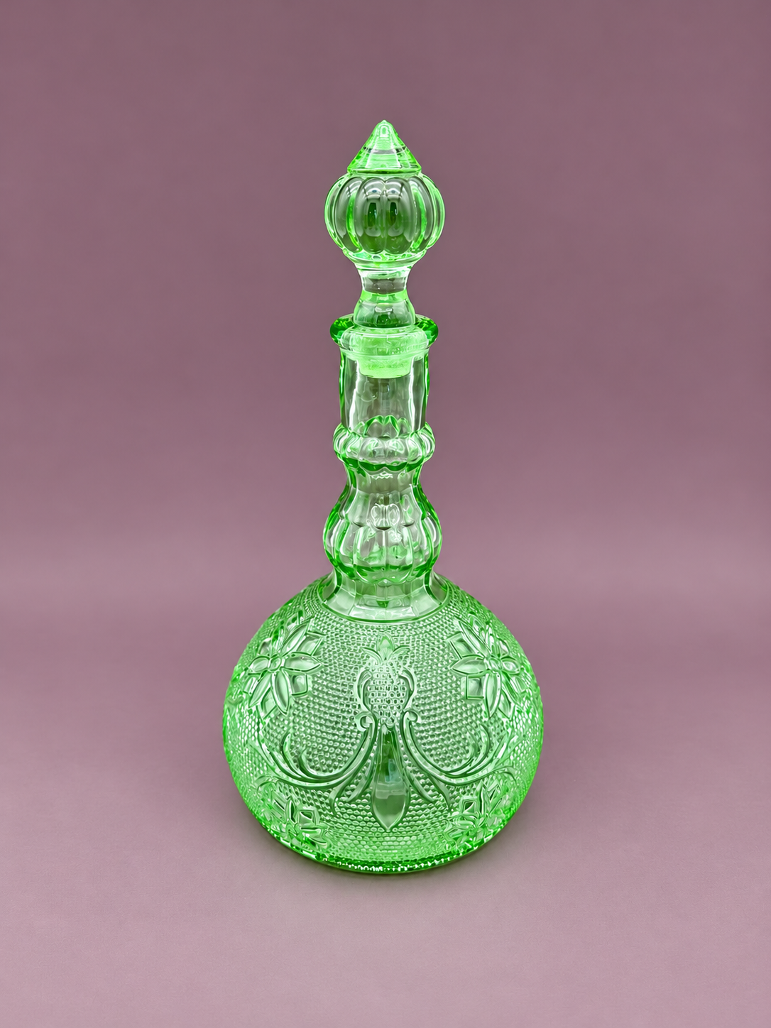 Sage Set green pressed glass decanter pipe reverse view