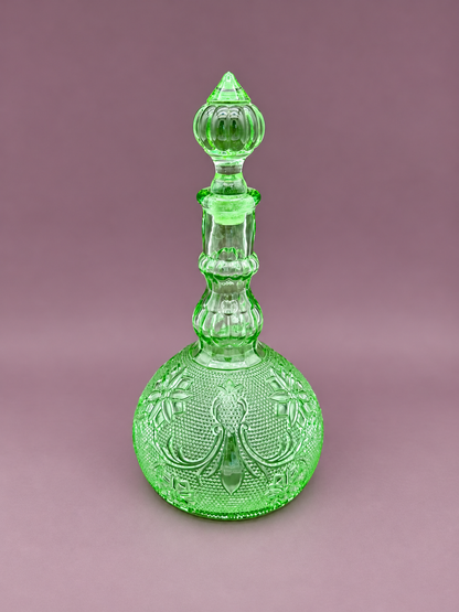 Sage Set green pressed glass decanter pipe reverse view