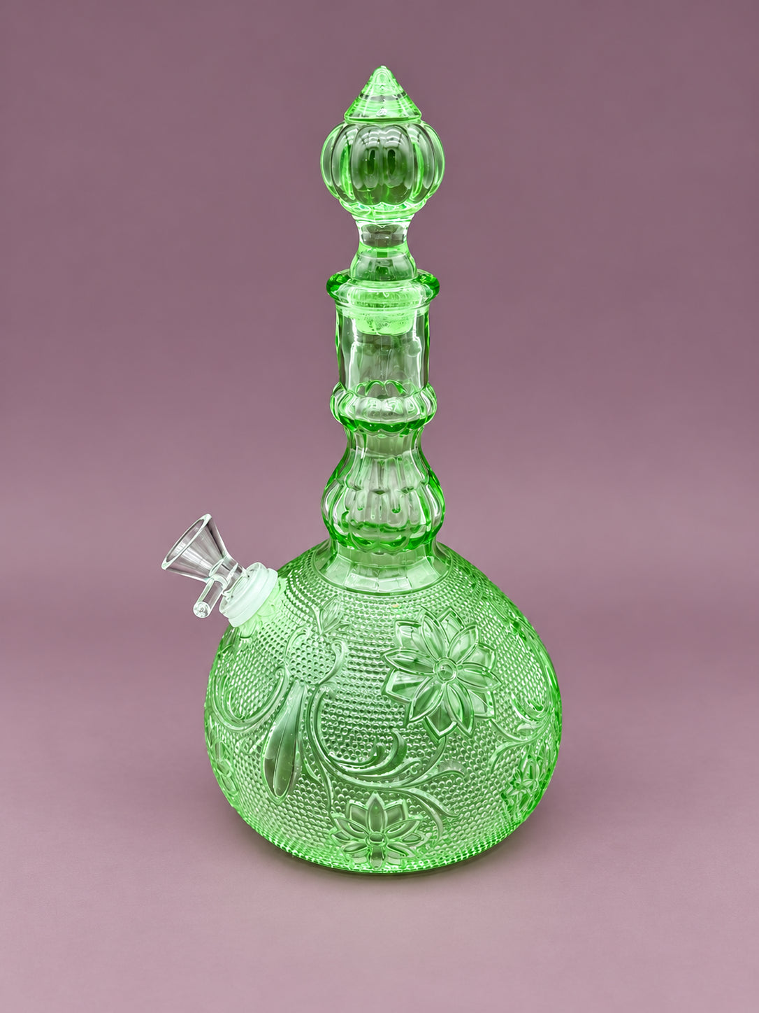 Sage Set green pressed glass decanter pipe side view