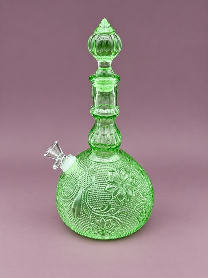 Sage Set green pressed glass decanter pipe side view