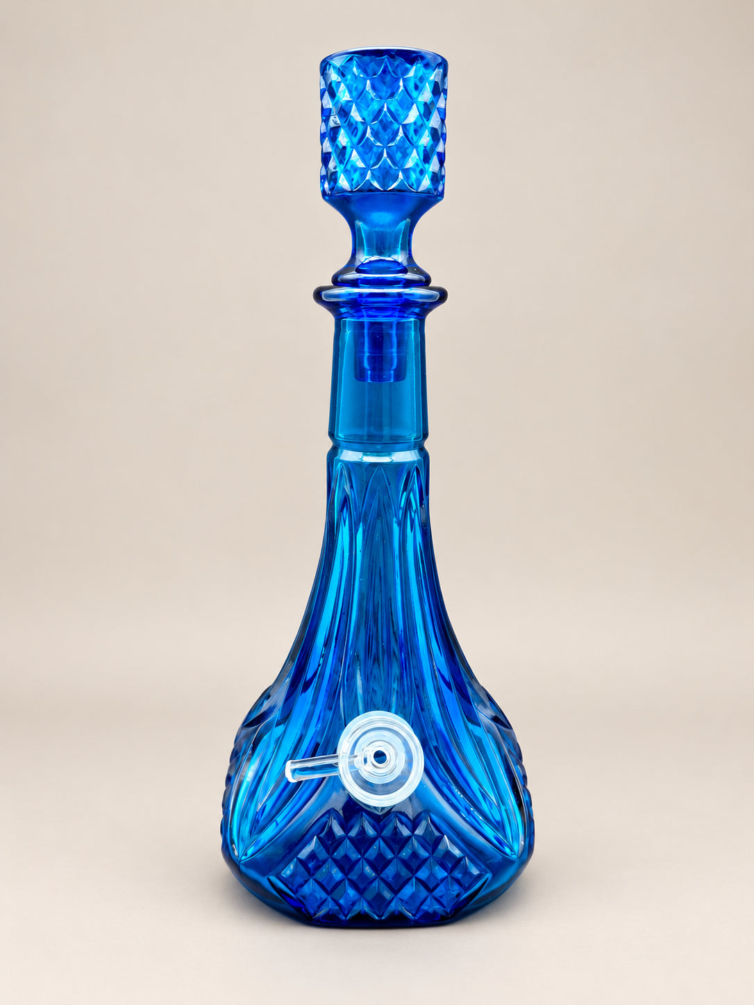 Vesper cobalt blue glass decanter pipe front view