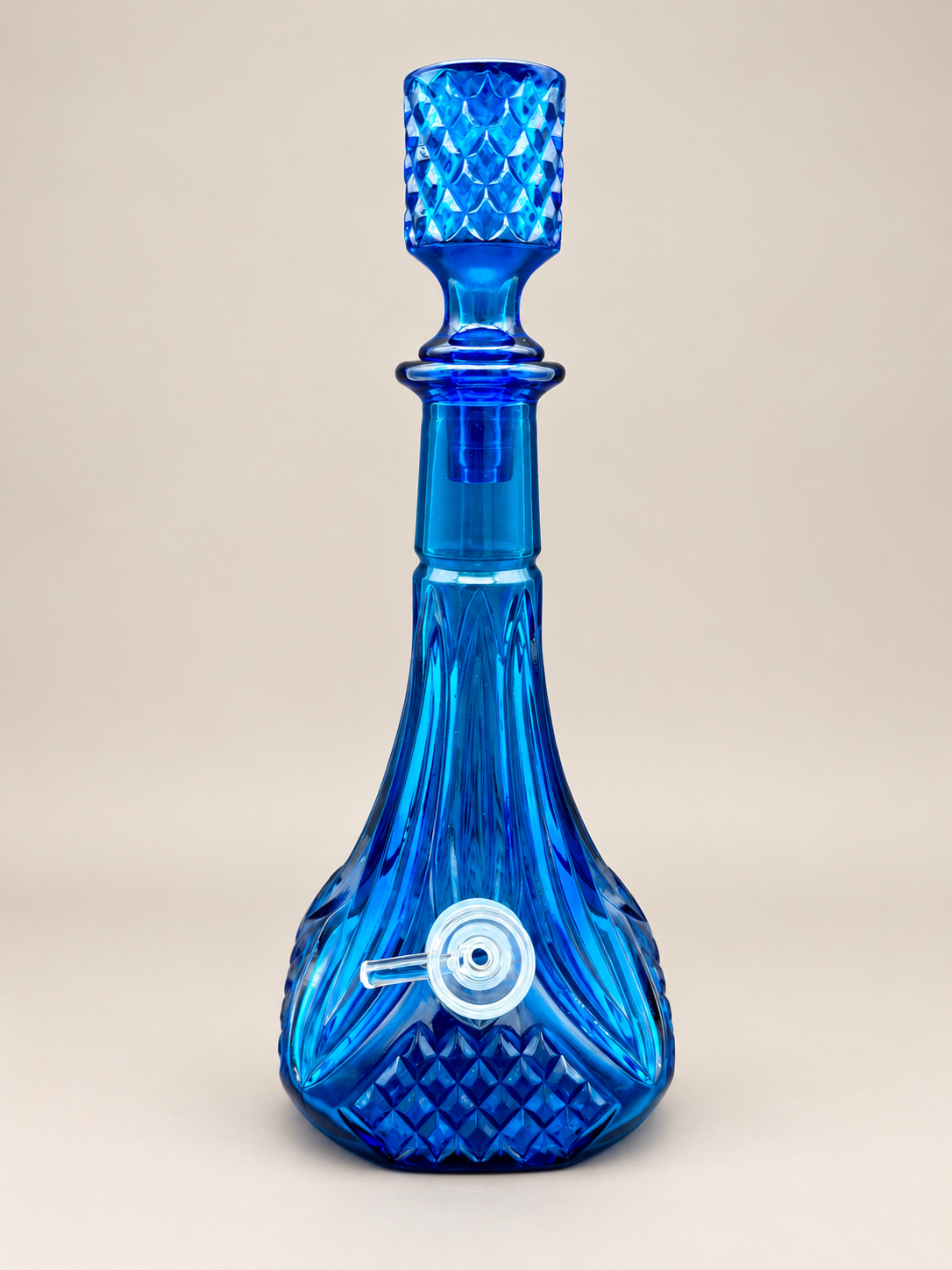 Vesper cobalt blue glass decanter pipe front view
