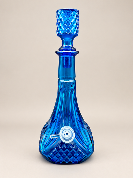 Vesper cobalt blue glass decanter pipe front view