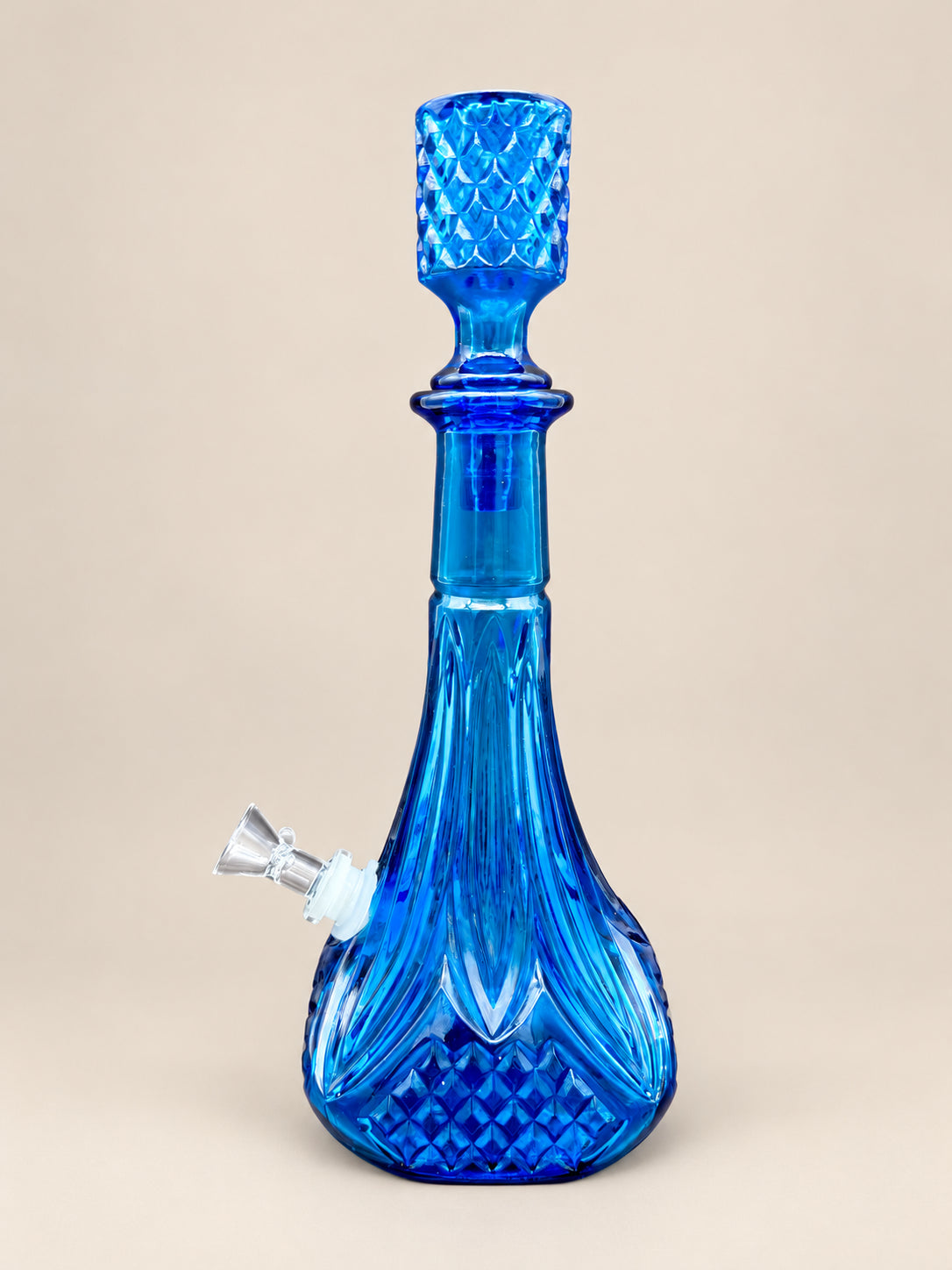 Vesper cobalt blue glass decanter pipe side view
