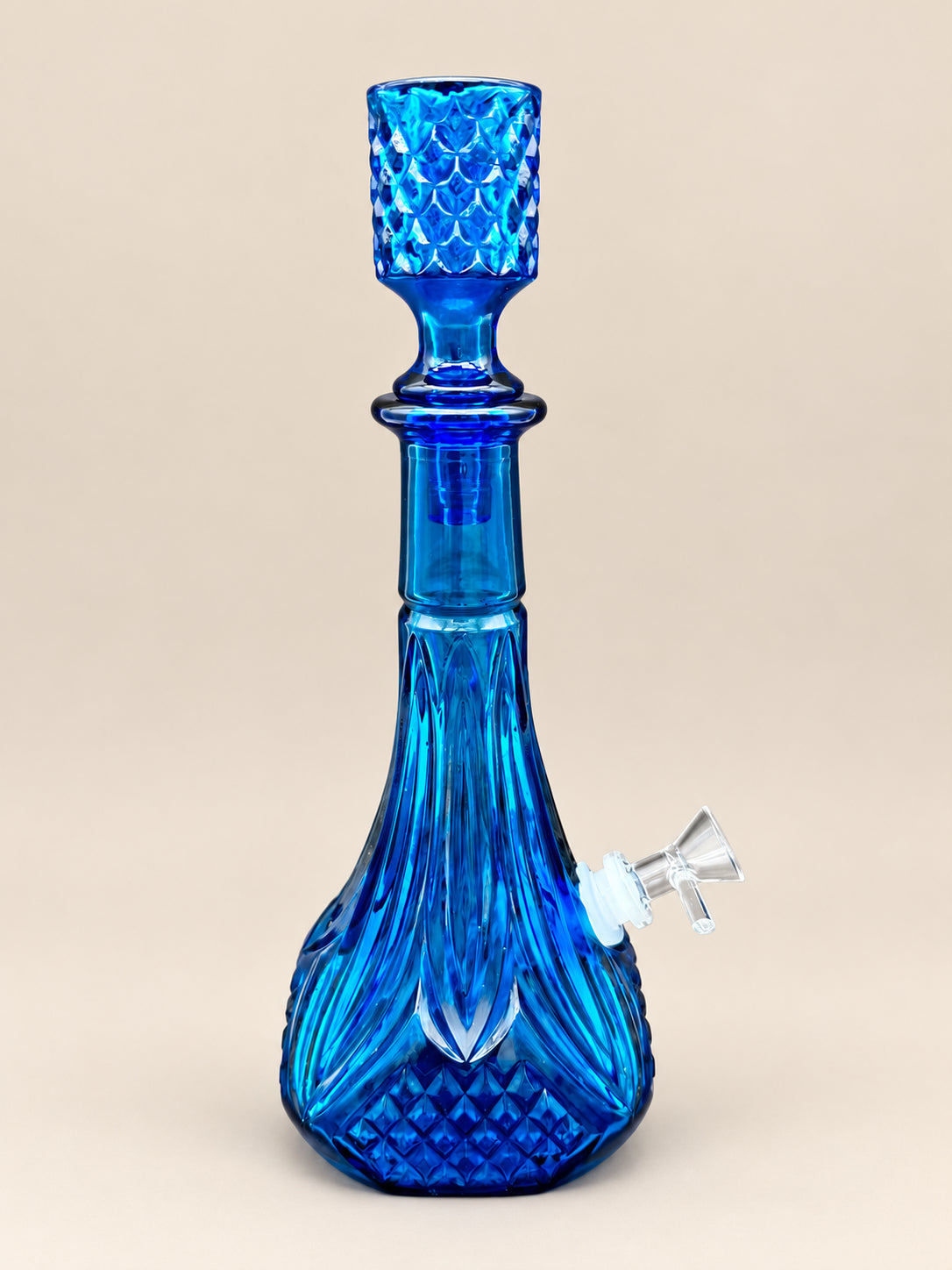 Vesper cobalt blue glass decanter pipe angled view